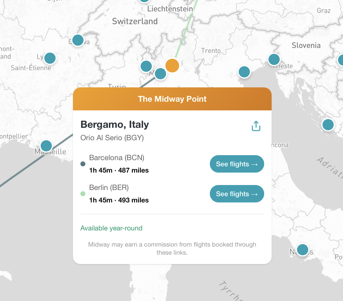 Closing the loop, you can search for flights when selecting a destination