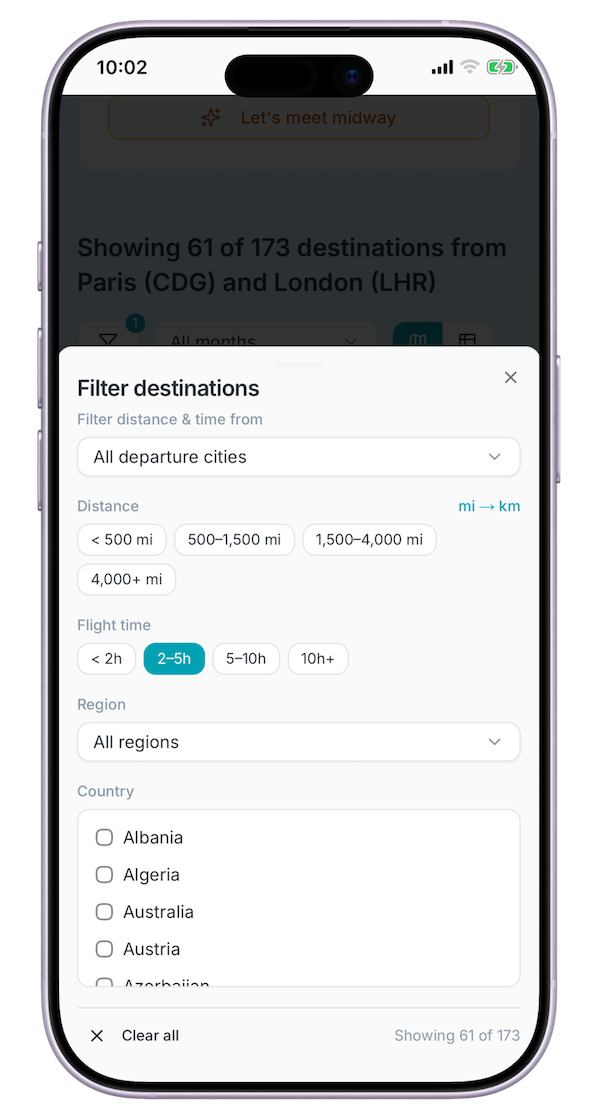 Midway filter panel on mobile displayed as a bottom sheet