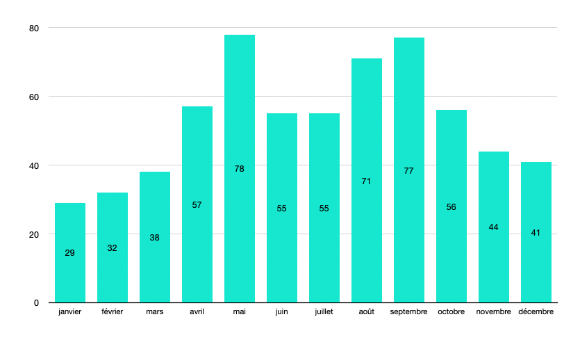 Nombre de visites par mois en 2025