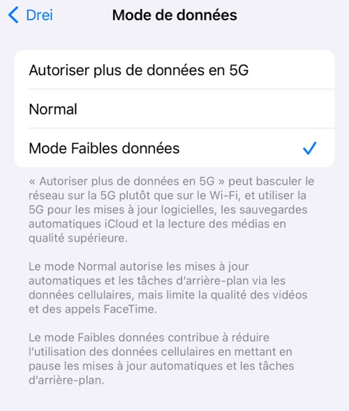 Mode faible données pour une carte SIM sur iOS