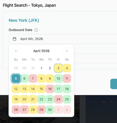 Prototype of the calendar: red are the dates with no direct flight for any departure cities, green is all of them have at least one flight, and yellow some but not all